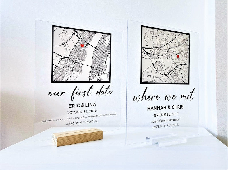 Our First Date Valentines Day Map Plaque - Couple Map, Gift for Her, Acrylic Plaque Couple Gift, Custom Locaiton, Valentine Gift