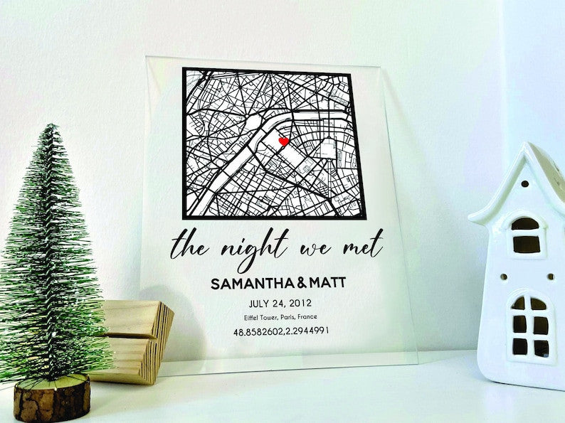 Our First Date Valentines Day Map Plaque - Couple Map, Gift for Her, Acrylic Plaque Couple Gift, Custom Locaiton, Valentine Gift