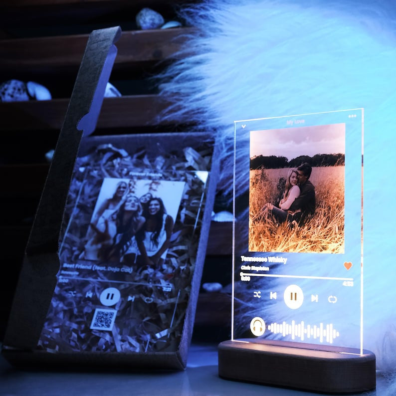 Anniversary Gifts Spotify Glass Song Art Spotiy Plaque Spotify Photo Frame, Personalized Photo Night Light Plaque With / Without LED,