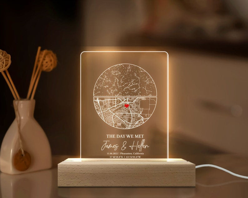 Custom Couple Map Night Light, Where It All Began, Couple Our First Date Plaque, Anniverary Valentine Gifts For Him Her, Star Map Plaque