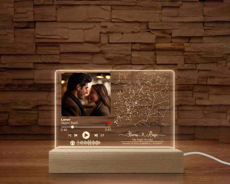 Personalized Light Night Song Plaque, Couple Photo Gifts, Valentine' Day Gifts For Him Her, Custom Constellation Star Map, Music Plaque Gift