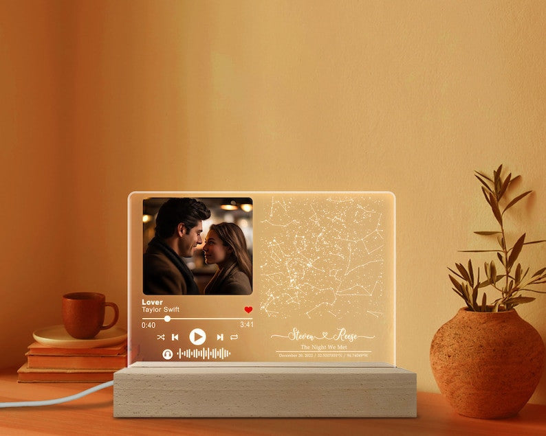 Personalized Light Night Song Plaque, Couple Photo Gifts, Valentine' Day Gifts For Him Her, Custom Constellation Star Map, Music Plaque Gift