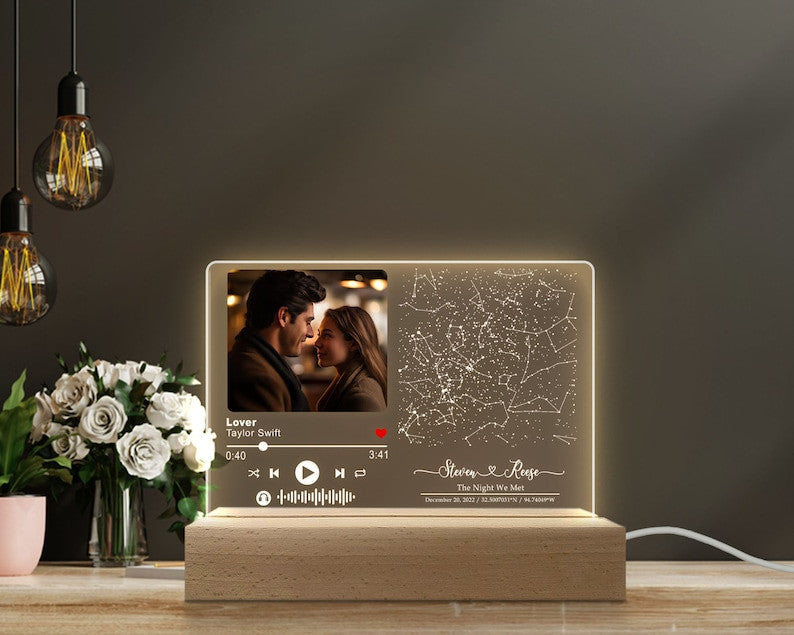 Personalized Light Night Song Plaque, Couple Photo Gifts, Valentine' Day Gifts For Him Her, Custom Constellation Star Map, Music Plaque Gift