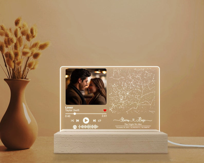 Personalized Light Night Song Plaque, Couple Photo Gifts, Valentine' Day Gifts For Him Her, Custom Constellation Star Map, Music Plaque Gift
