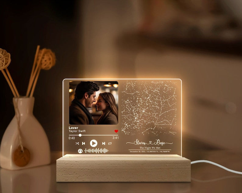 Personalized Light Night Song Plaque, Couple Photo Gifts, Valentine' Day Gifts For Him Her, Custom Constellation Star Map, Music Plaque Gift