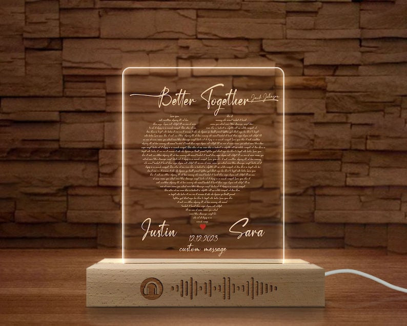 Custom Song Lyric Led Plauqe, Couple Song Plaque, Anniversary Gift For Husband, Couple Gift Fors Him and Her, Valentine's Day Gift