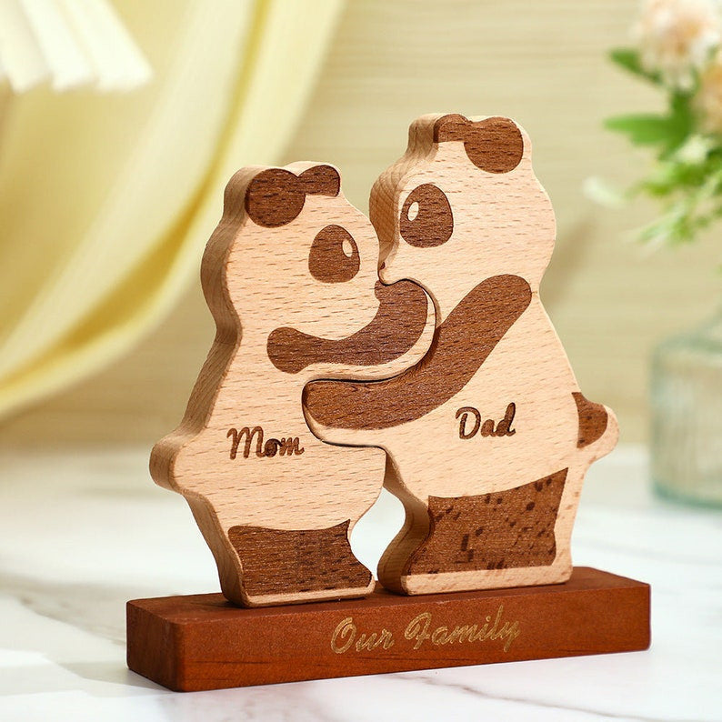 Wooden Pandas Family, Wooden Name Pandas Puzzle, Animal Family, Custom Names Wooden Pandas Family Block Puzzle Home Decor Gifts