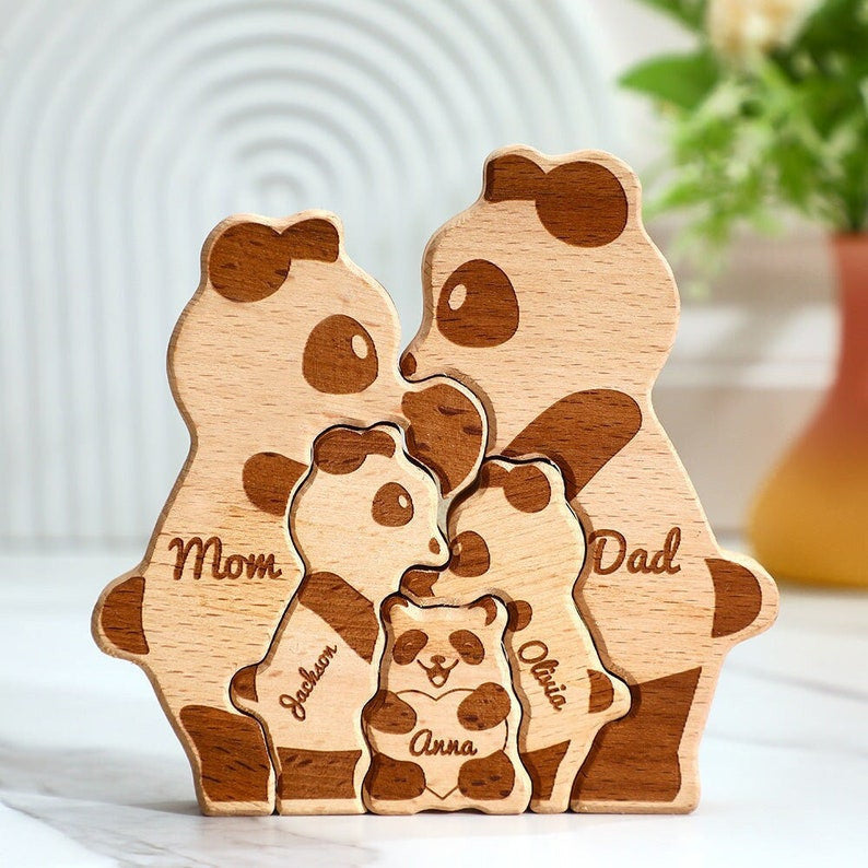 Wooden Pandas Family, Wooden Name Pandas Puzzle, Animal Family, Custom Names Wooden Pandas Family Block Puzzle Home Decor Gifts