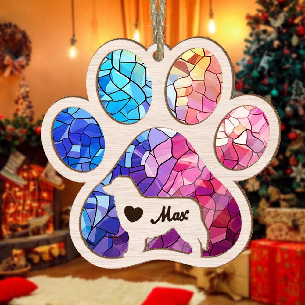 Custom Name Australian Shepherd Paw Rainbow Suncatcher Ornament - Custom Dogs Name Christmas Ornament, Gift For Dog Lover