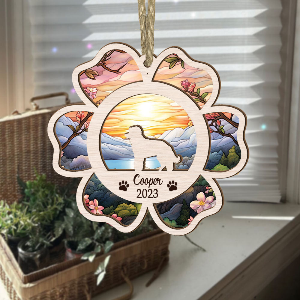 Poodle Flower Suncatcher Ornament - Dog Memorial & Christmas Gift - Sunset Background - Suitable For Various Occasions