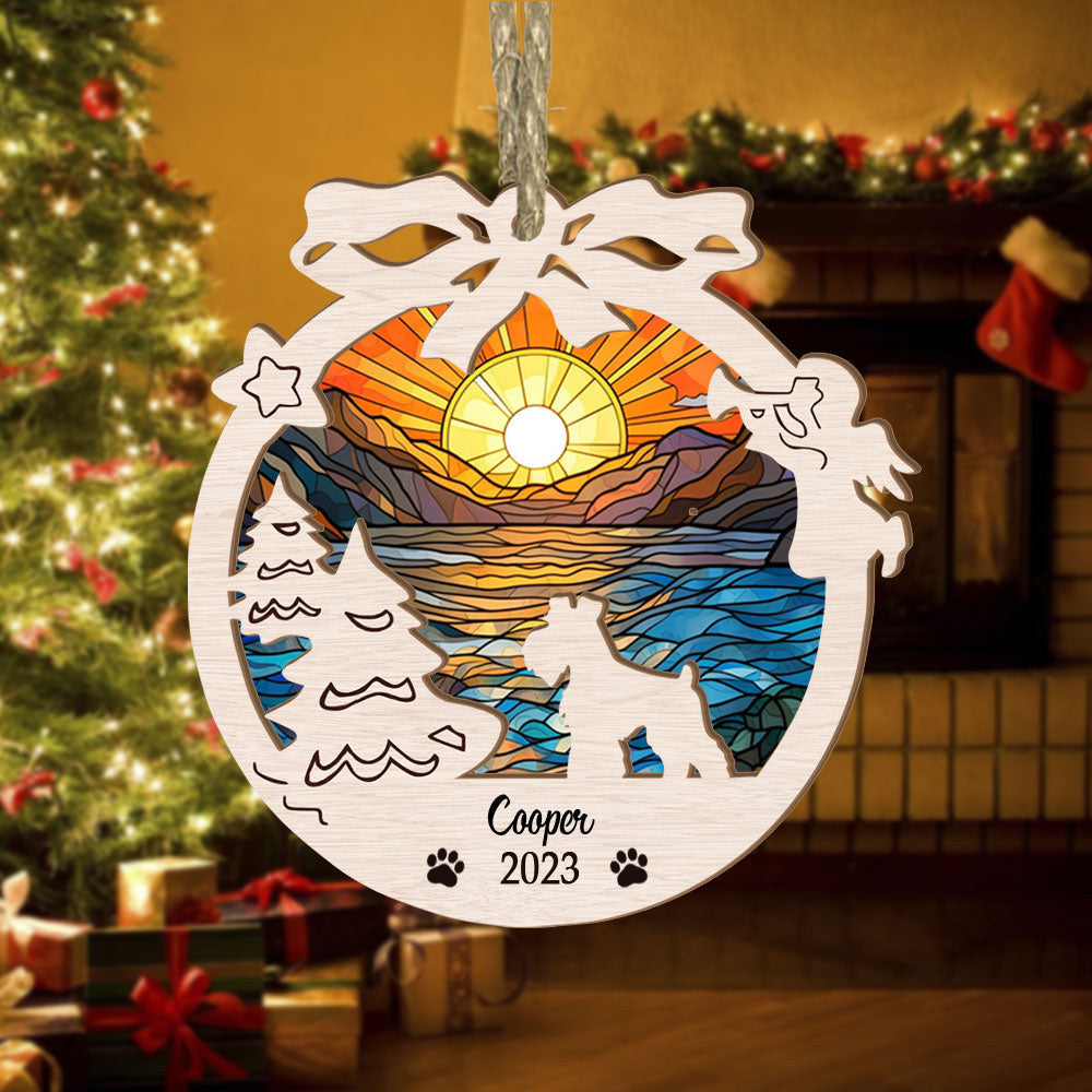 Mini Schnauzer Suncatcher Ornament: Circle Memorial Christmas Ornament: Suitable For Miniature Schnauzer Lovers: Ideal For Christmas Decoration: Sunset Background Theme: Unique Circle Ornament Design