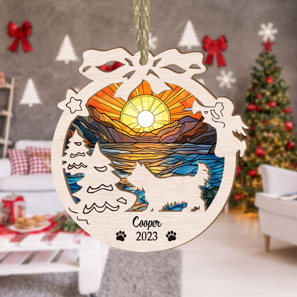 Yorkshire Terrier Suncatcher Circle Ornament: Memorial, Christmas, Sunset Background