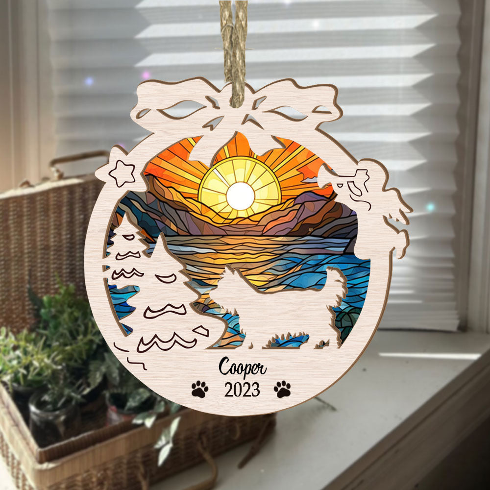 Yorkshire Terrier Suncatcher Circle Ornament: Memorial, Christmas, Sunset Background