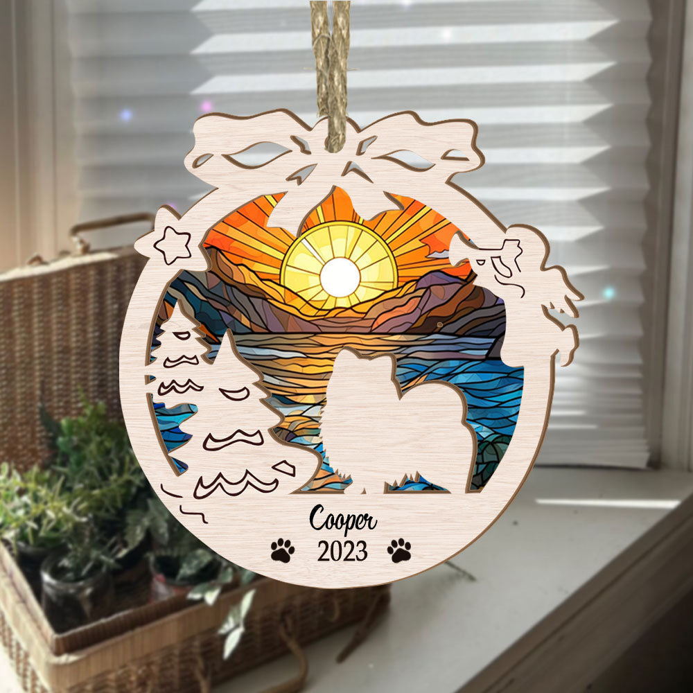 Pomeranian Suncatcher Ornament For Christmas And Memorials - Sunset Background Circle Ornament
