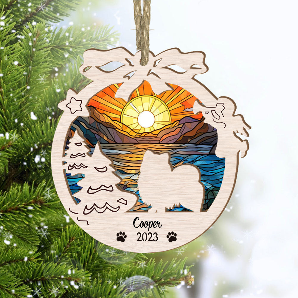 Pomeranian Suncatcher Ornament For Christmas And Memorials - Sunset Background Circle Ornament
