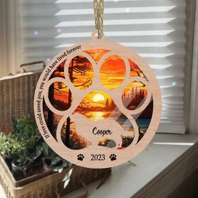 Custom Cavalier King Charles Suncatcher Ornament - Dog Paw Memorial Christmas Ornament - Sunset Background Suncatcher Ornament