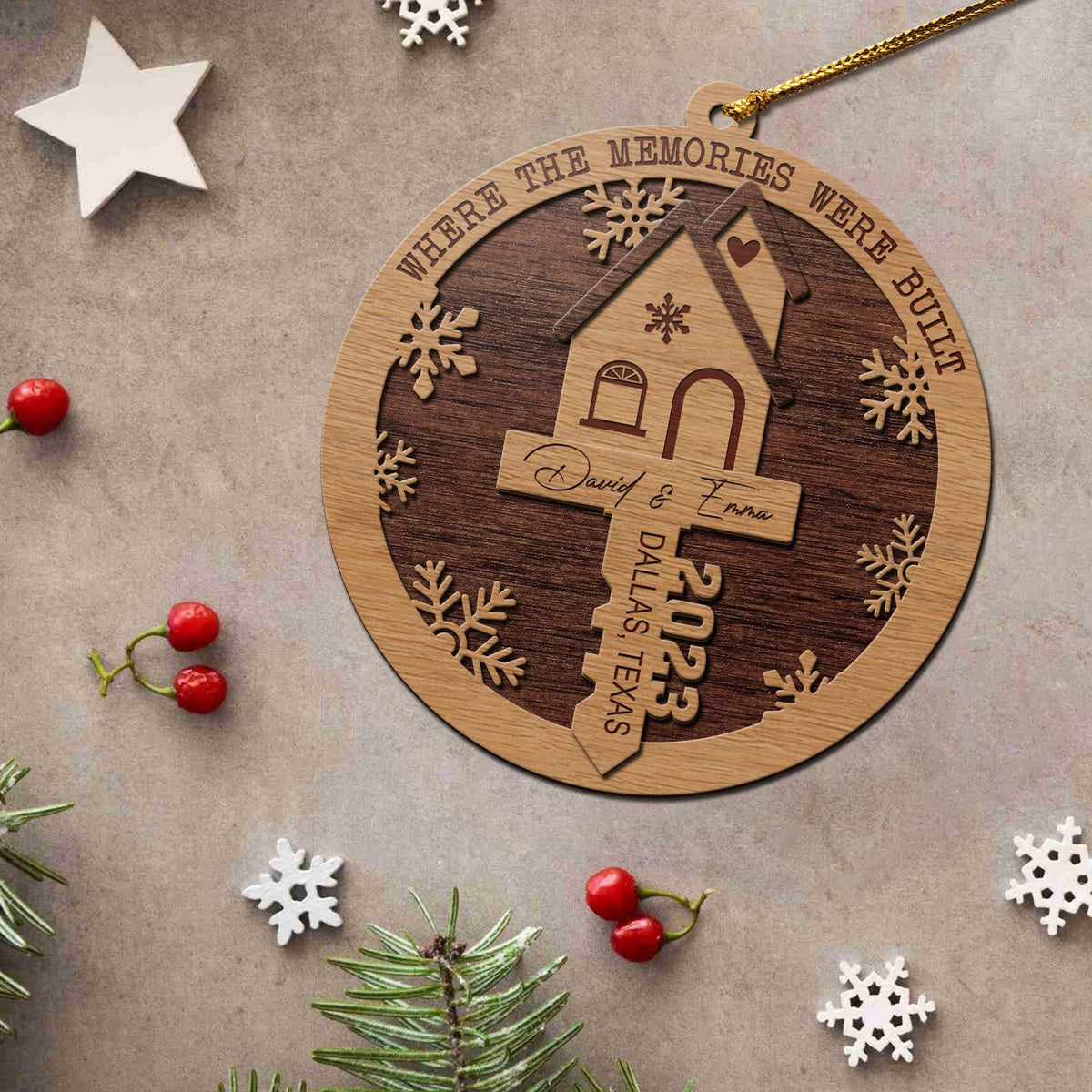 First Christmas New Home 3 Layered Piece Wooden Ornaments Custom Name, Year And Address, New House Gift, Family Ornaments
