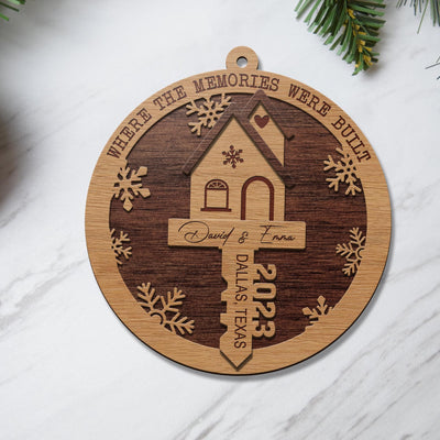 First Christmas New Home 3 Layered Piece Wooden Ornaments Custom Name, Year And Address, New House Gift, Family Ornaments