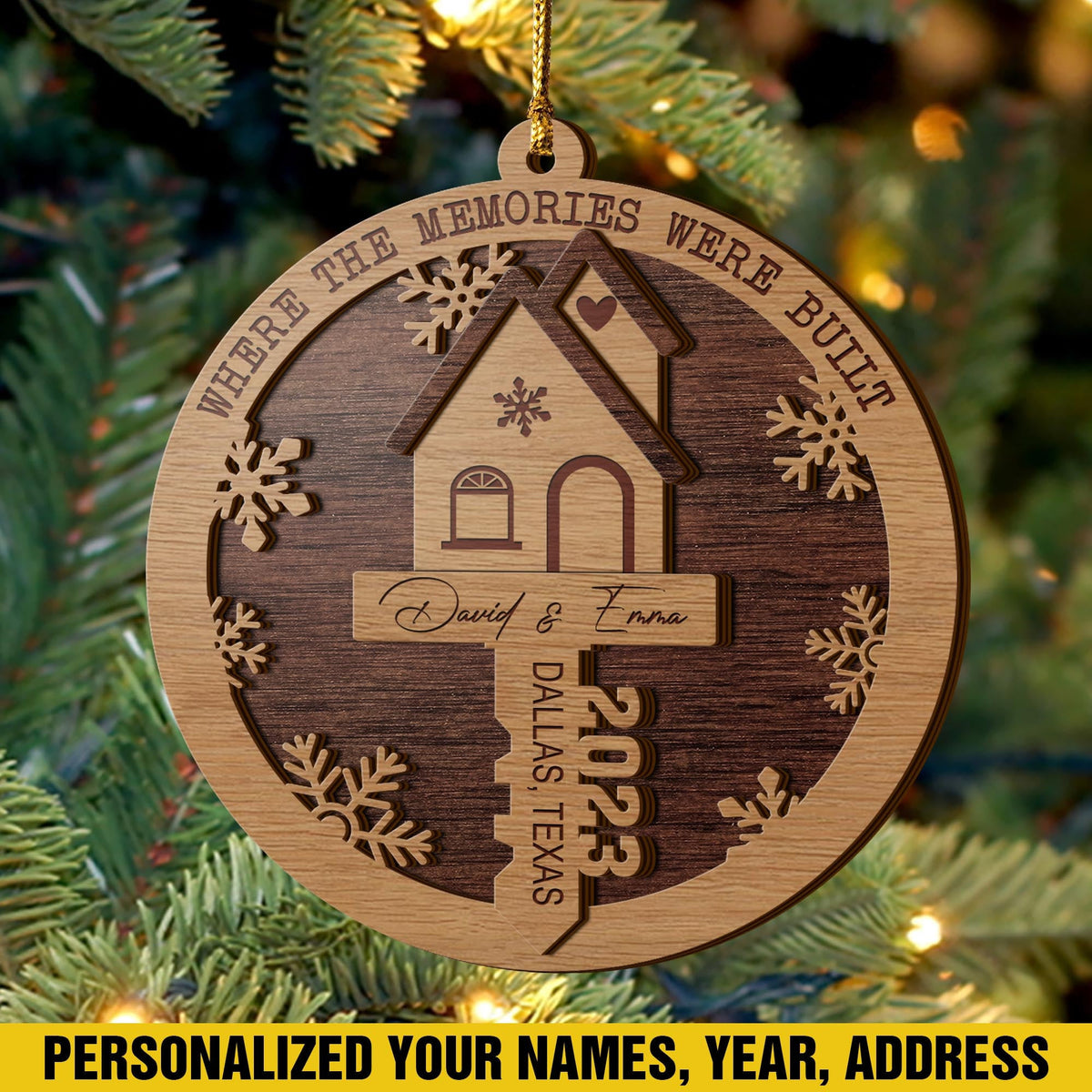 First Christmas New Home 3 Layered Piece Wooden Ornaments Custom Name, Year And Address, New House Gift, Family Ornaments