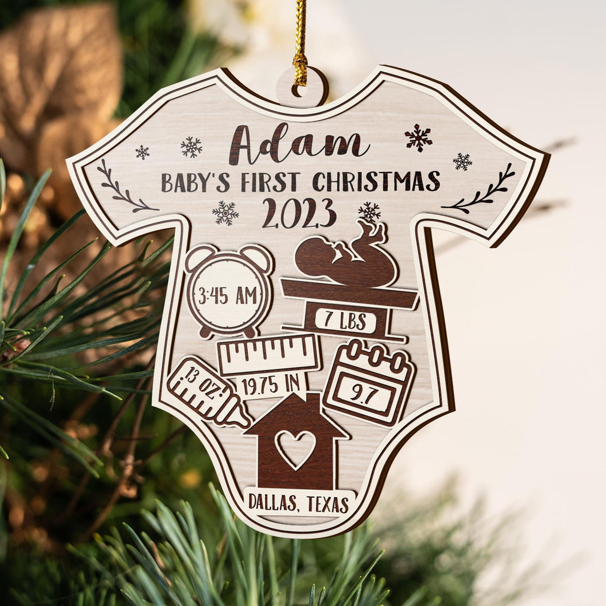 Baby’S First Christmas 3 Layered Piece Wooden Ornaments Custom Name, Date, Lbs, And Address, Christmas Ornaments, Gift For Family