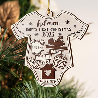 Baby’S First Christmas 3 Layered Piece Wooden Ornaments Custom Name, Date, Lbs, And Address, Christmas Ornaments, Gift For Family