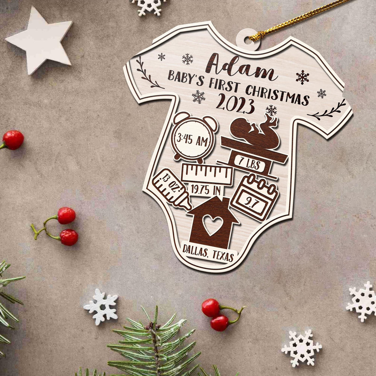 Baby’S First Christmas 3 Layered Piece Wooden Ornaments Custom Name, Date, Lbs, And Address, Christmas Ornaments, Gift For Family