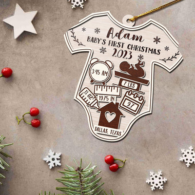 Baby’S First Christmas 3 Layered Piece Wooden Ornaments Custom Name, Date, Lbs, And Address, Christmas Ornaments, Gift For Family