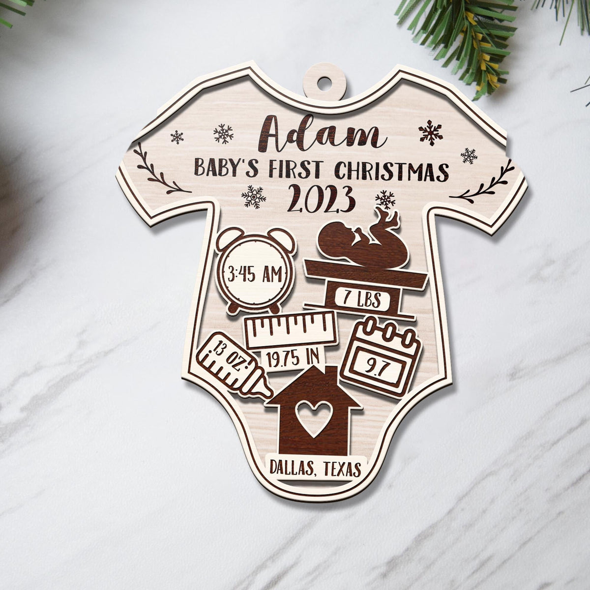 Baby’S First Christmas 3 Layered Piece Wooden Ornaments Custom Name, Date, Lbs, And Address, Christmas Ornaments, Gift For Family