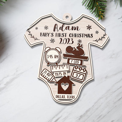 Baby’S First Christmas 3 Layered Piece Wooden Ornaments Custom Name, Date, Lbs, And Address, Christmas Ornaments, Gift For Family