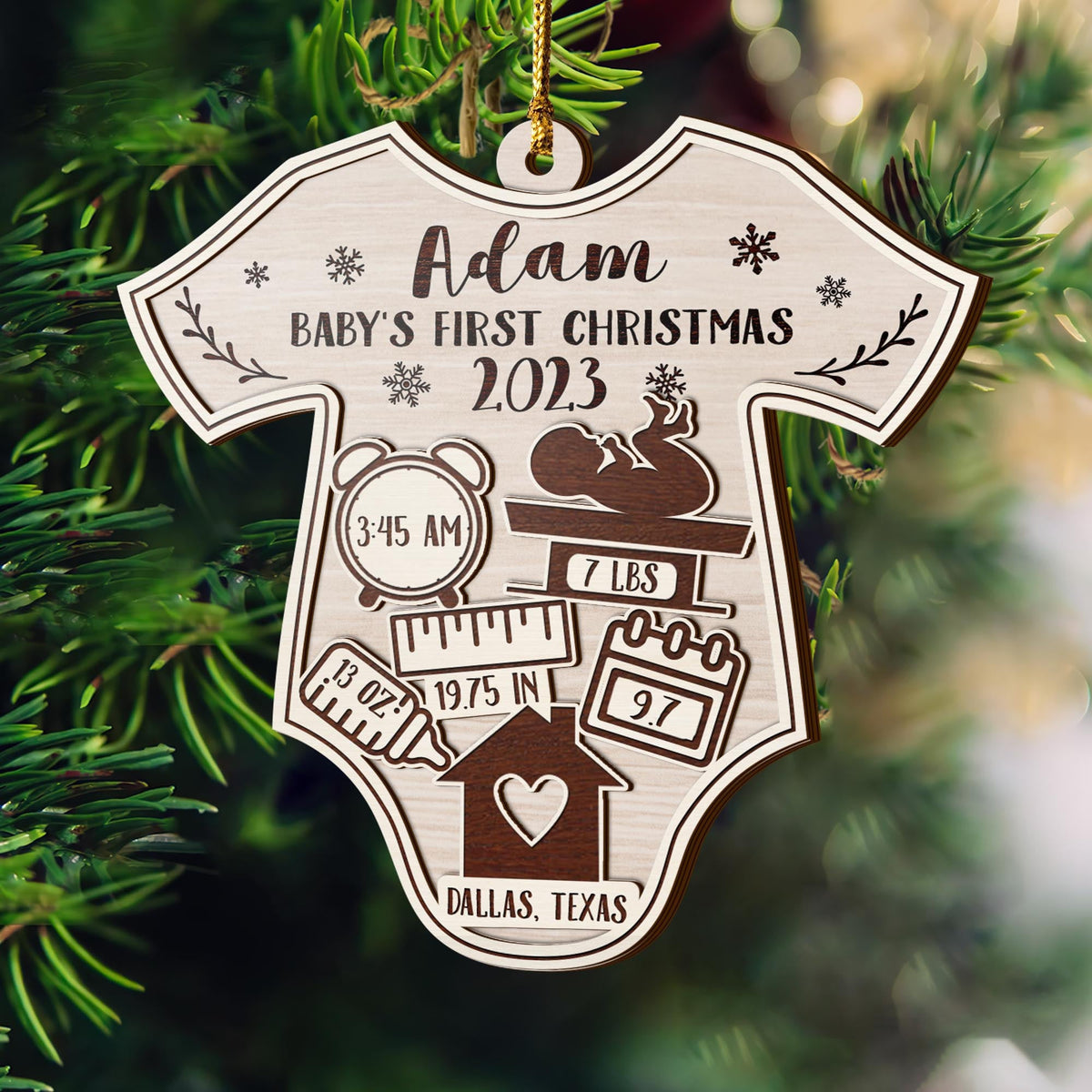 Baby’S First Christmas 3 Layered Piece Wooden Ornaments Custom Name, Date, Lbs, And Address, Christmas Ornaments, Gift For Family