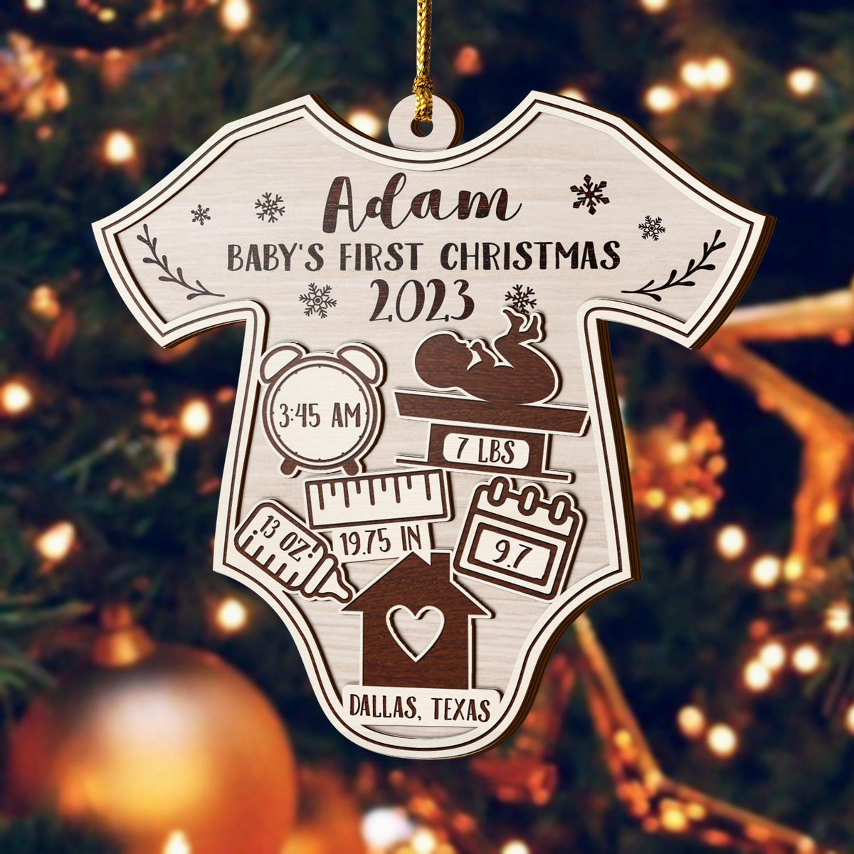 Baby’S First Christmas 3 Layered Piece Wooden Ornaments Custom Name, Date, Lbs, And Address, Christmas Ornaments, Gift For Family