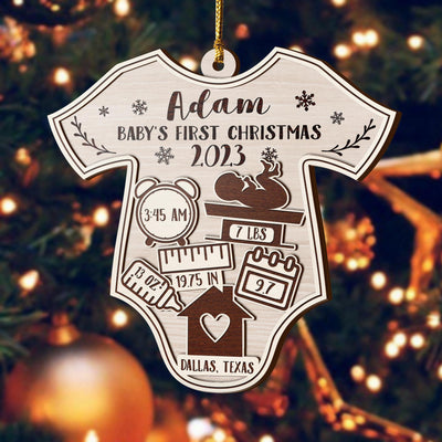 Baby’S First Christmas 3 Layered Piece Wooden Ornaments Custom Name, Date, Lbs, And Address, Christmas Ornaments, Gift For Family