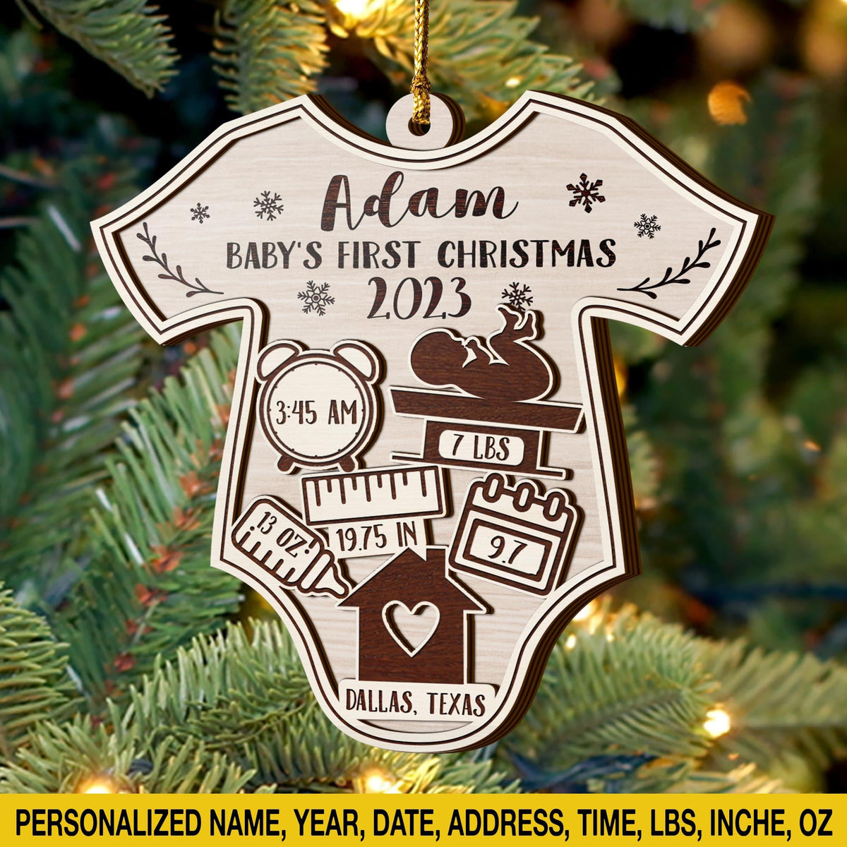 Baby’S First Christmas 3 Layered Piece Wooden Ornaments Custom Name, Date, Lbs, And Address, Christmas Ornaments, Gift For Family