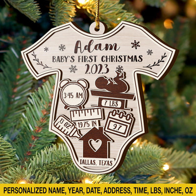 Baby’S First Christmas 3 Layered Piece Wooden Ornaments Custom Name, Date, Lbs, And Address, Christmas Ornaments, Gift For Family