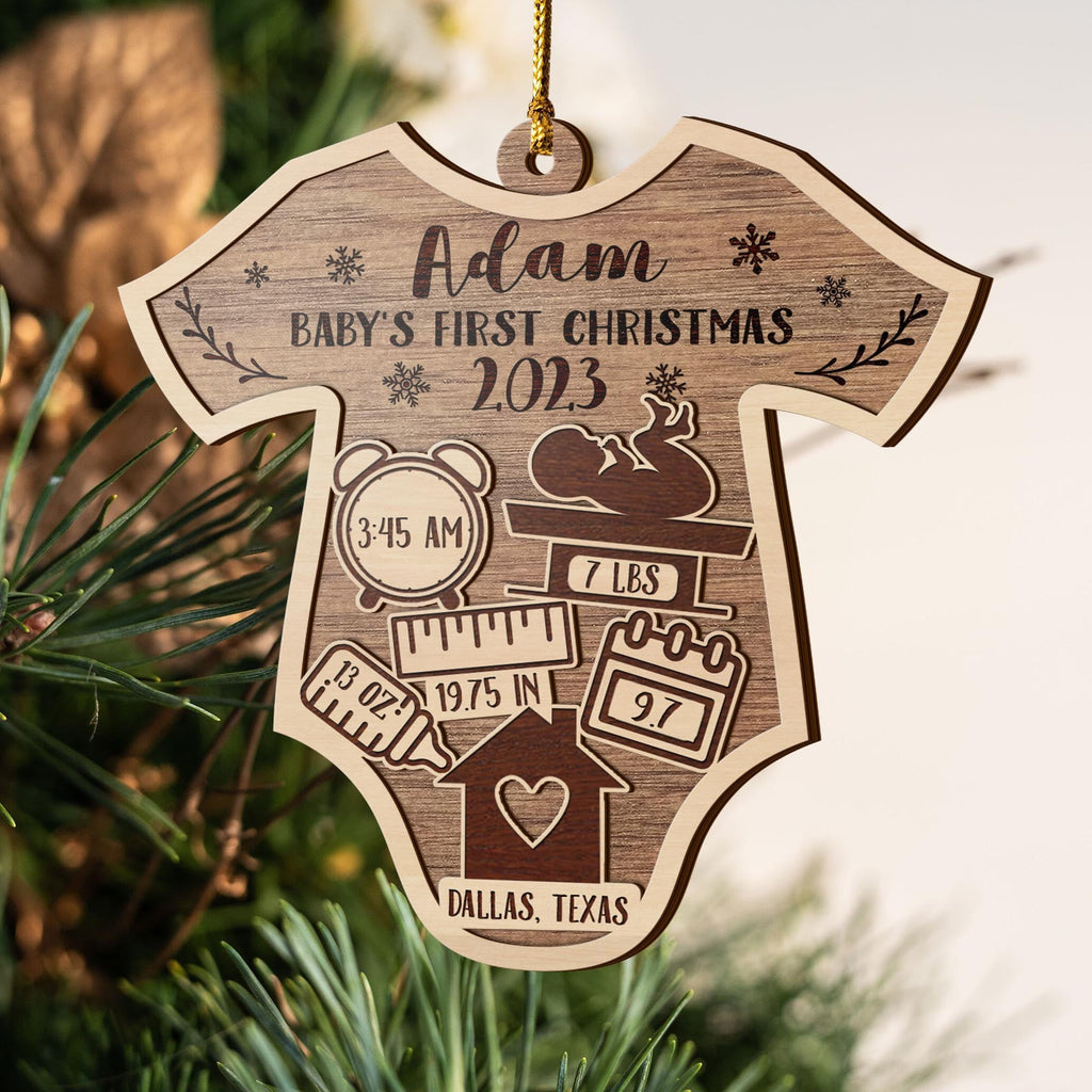 Baby’S First Christmas 3 Layered Piece Wooden Ornaments Custom Name, Date, Lbs, And Address, Christmas Ornaments, Gift For Family