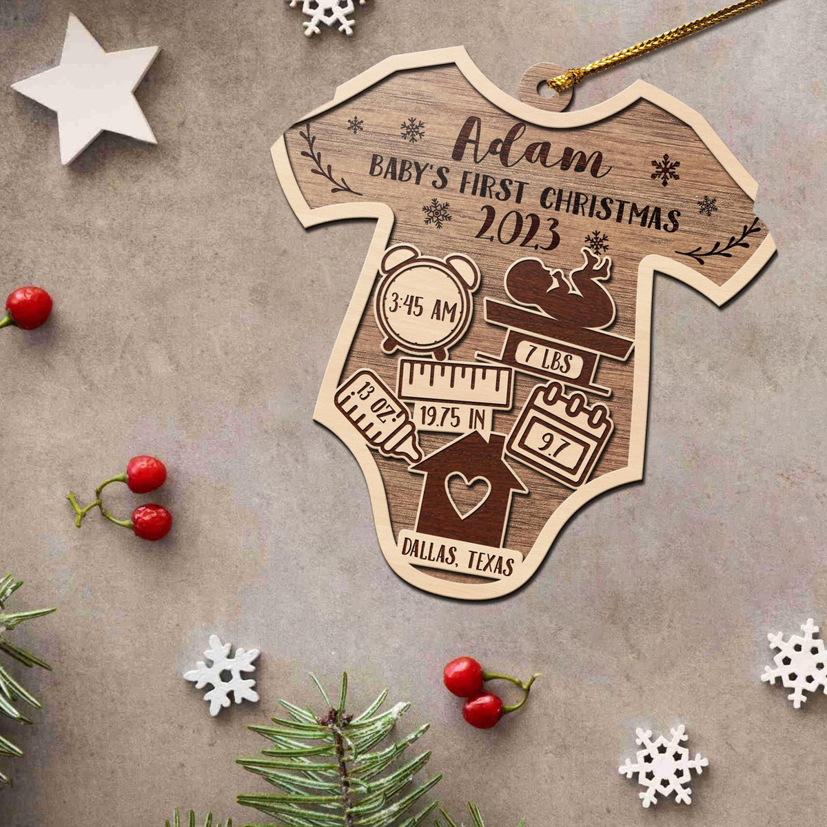 Baby’S First Christmas 3 Layered Piece Wooden Ornaments Custom Name, Date, Lbs, And Address, Christmas Ornaments, Gift For Family