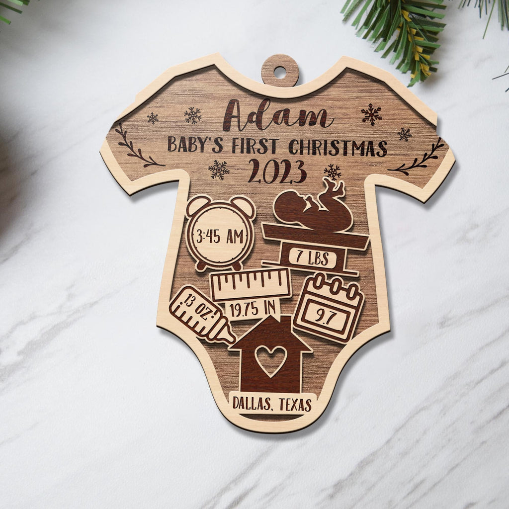 Baby’S First Christmas 3 Layered Piece Wooden Ornaments Custom Name, Date, Lbs, And Address, Christmas Ornaments, Gift For Family