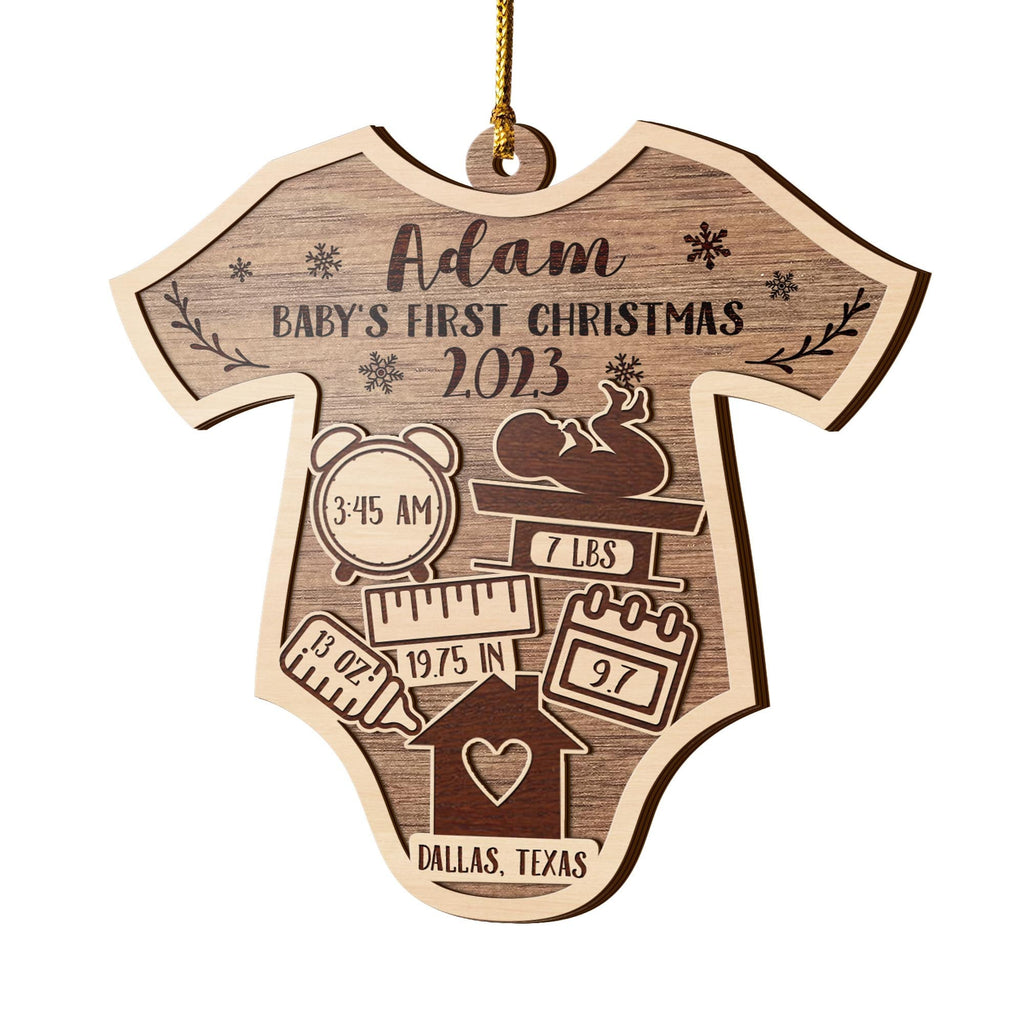 Baby’S First Christmas 3 Layered Piece Wooden Ornaments Custom Name, Date, Lbs, And Address, Christmas Ornaments, Gift For Family