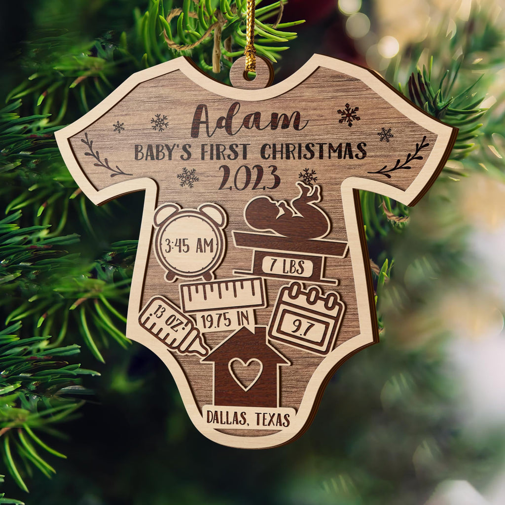Baby’S First Christmas 3 Layered Piece Wooden Ornaments Custom Name, Date, Lbs, And Address, Christmas Ornaments, Gift For Family