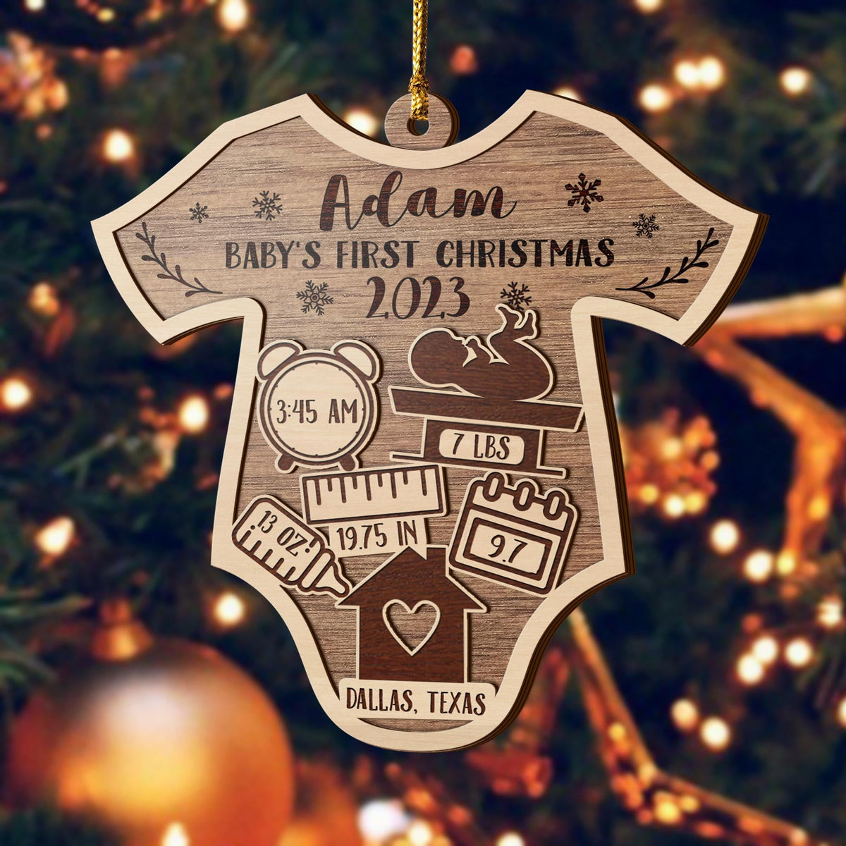 Baby’S First Christmas 3 Layered Piece Wooden Ornaments Custom Name, Date, Lbs, And Address, Christmas Ornaments, Gift For Family