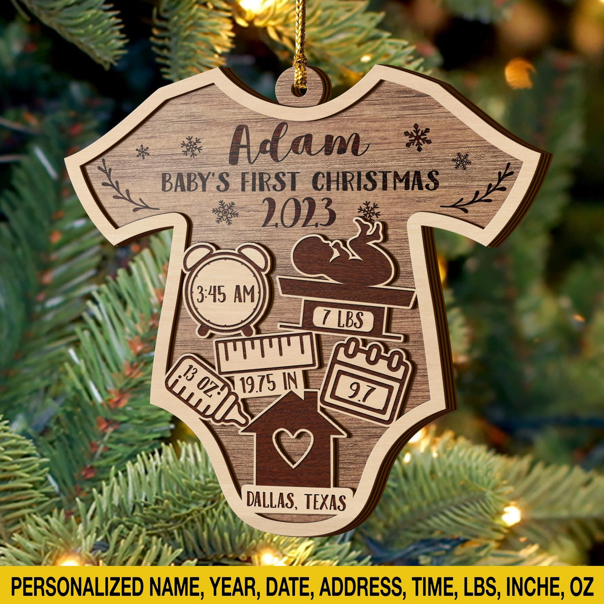 Baby’S First Christmas 3 Layered Piece Wooden Ornaments Custom Name, Date, Lbs, And Address, Christmas Ornaments, Gift For Family