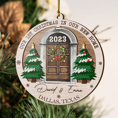 First Christmas New Home 3 Layered Piece Wooden Ornaments Custom Name, Year And Address, New House Gift, Family Ornaments