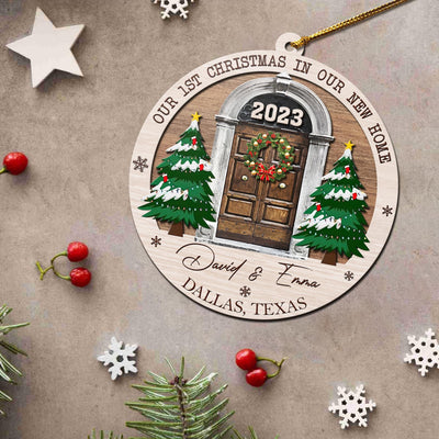 First Christmas New Home 3 Layered Piece Wooden Ornaments Custom Name, Year And Address, New House Gift, Family Ornaments