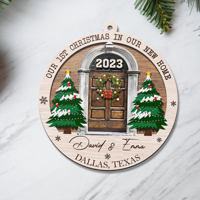First Christmas New Home 3 Layered Piece Wooden Ornaments Custom Name, Year And Address, New House Gift, Family Ornaments