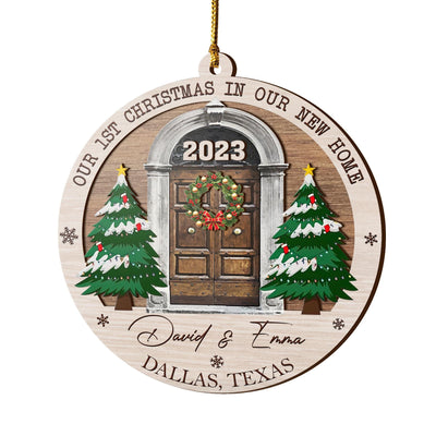 First Christmas New Home 3 Layered Piece Wooden Ornaments Custom Name, Year And Address, New House Gift, Family Ornaments