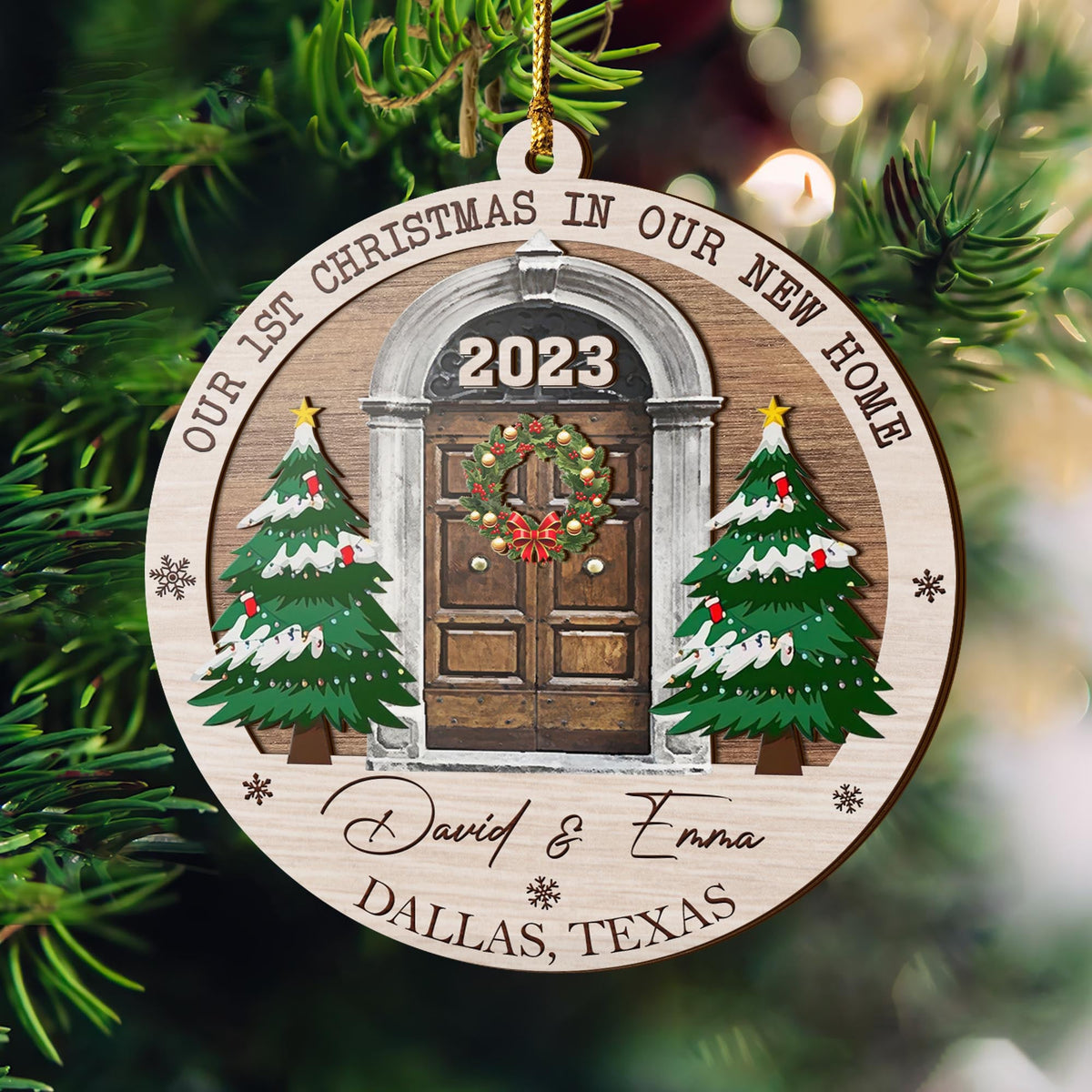 First Christmas New Home 3 Layered Piece Wooden Ornaments Custom Name, Year And Address, New House Gift, Family Ornaments