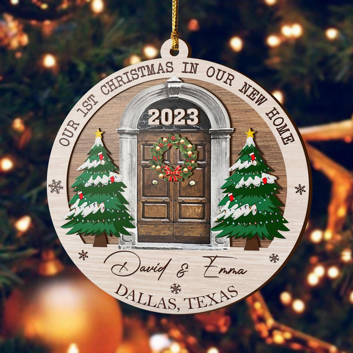 First Christmas New Home 3 Layered Piece Wooden Ornaments Custom Name, Year And Address, New House Gift, Family Ornaments