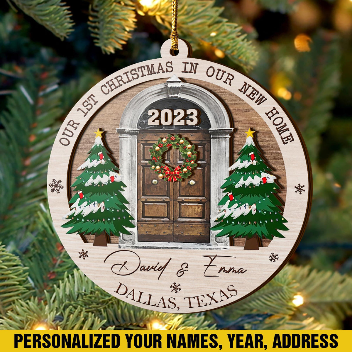 First Christmas New Home 3 Layered Piece Wooden Ornaments Custom Name, Year And Address, New House Gift, Family Ornaments