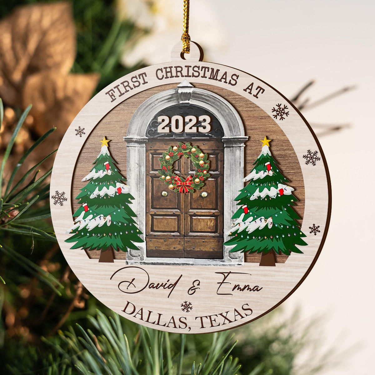 First Christmas New Home 3 Layered Piece Wooden Ornaments Custom Name, Year And Address, New House Gift, Family Ornaments