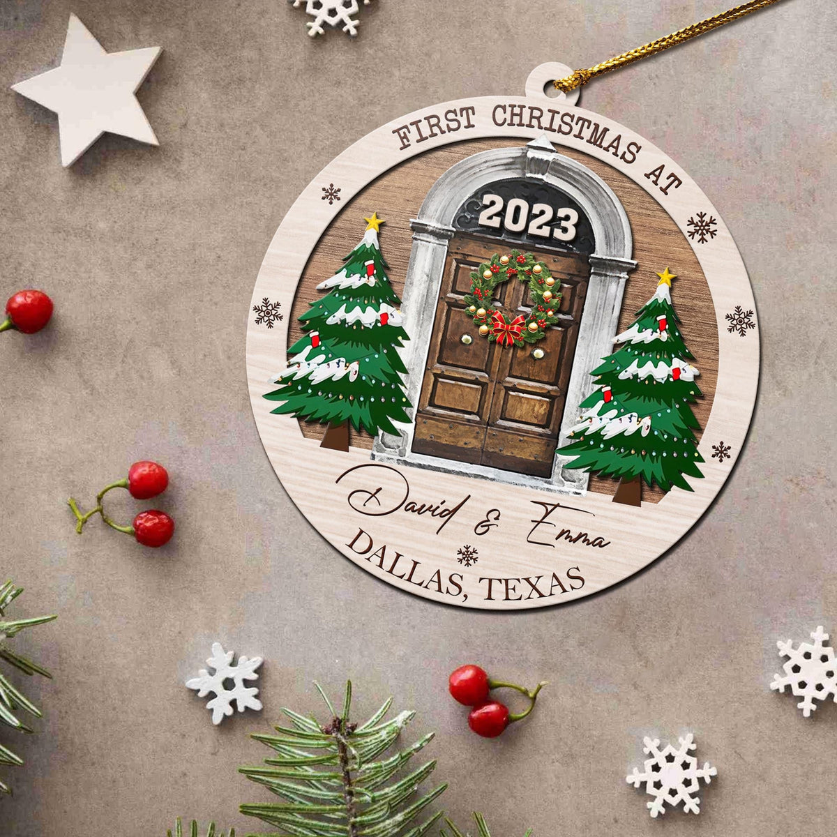 First Christmas New Home 3 Layered Piece Wooden Ornaments Custom Name, Year And Address, New House Gift, Family Ornaments
